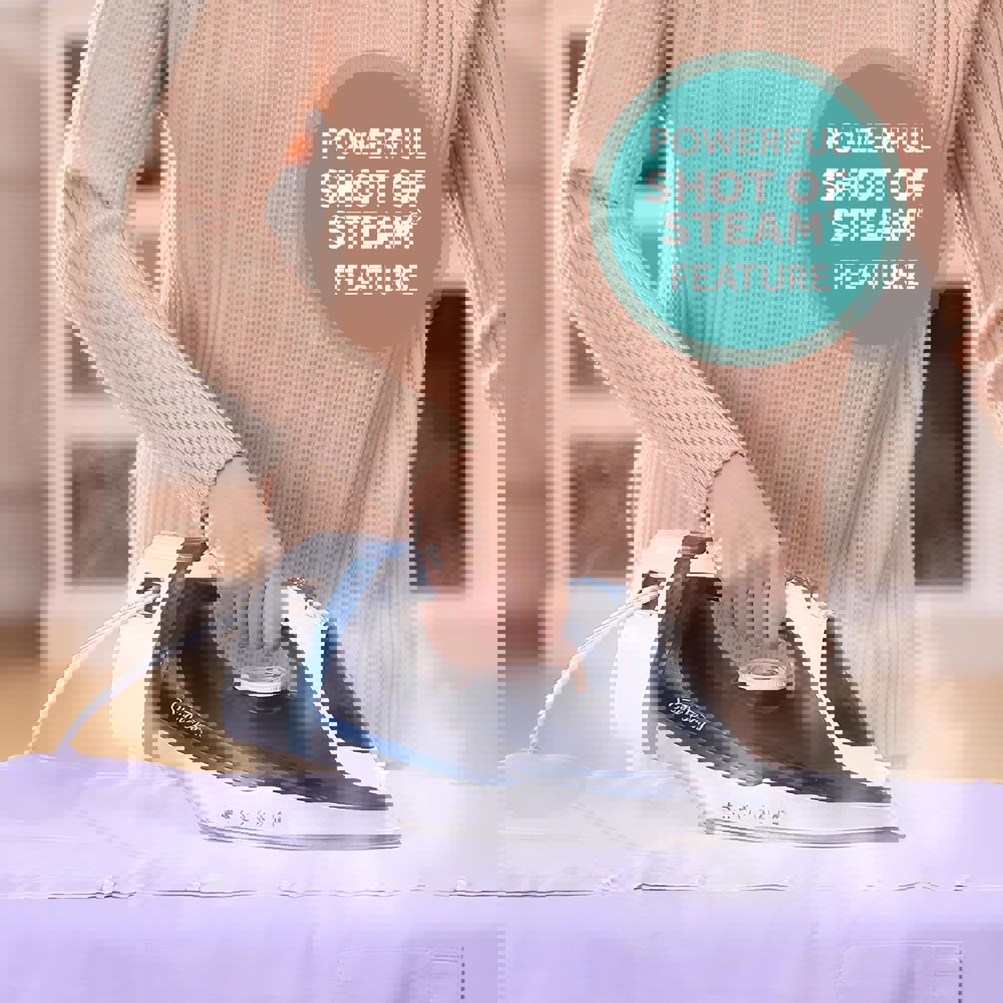 Sunbeam 1700W Steam Iron, 8' Retractable Cord, Variable Temperature Select, NonStick Soleplate